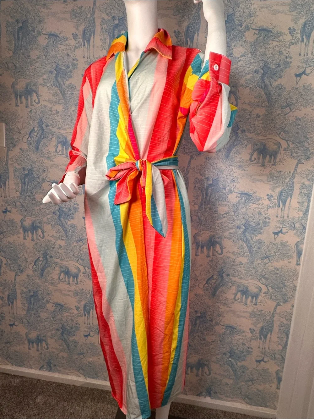 Preppy Multicolor Tie-Waist Maxi Dress - Bright Stripe